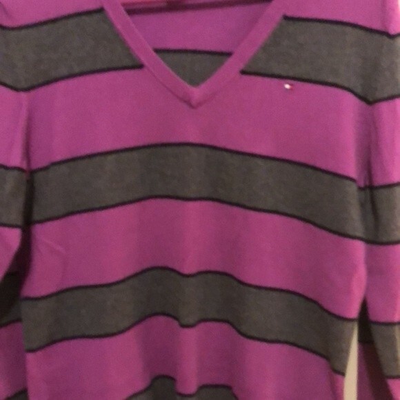 Tommy Hilfiger size large purple and grey stripped sweater - Picture 3 of 6